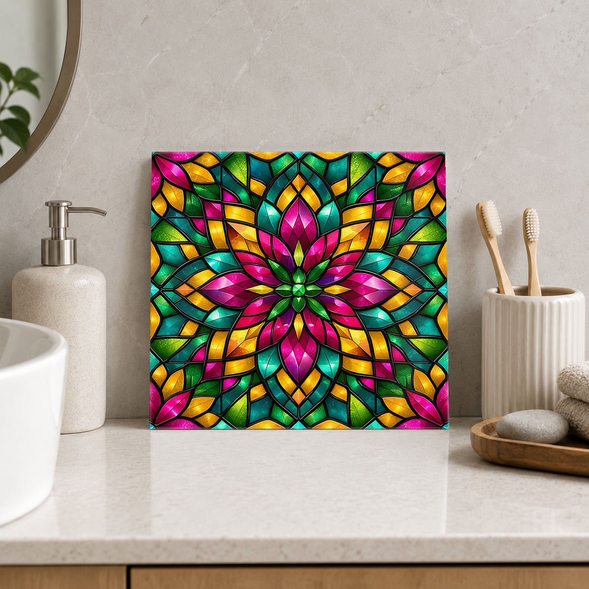 Jewel Pink Petal Cross Tile displayed in the bathroom tile mock-up