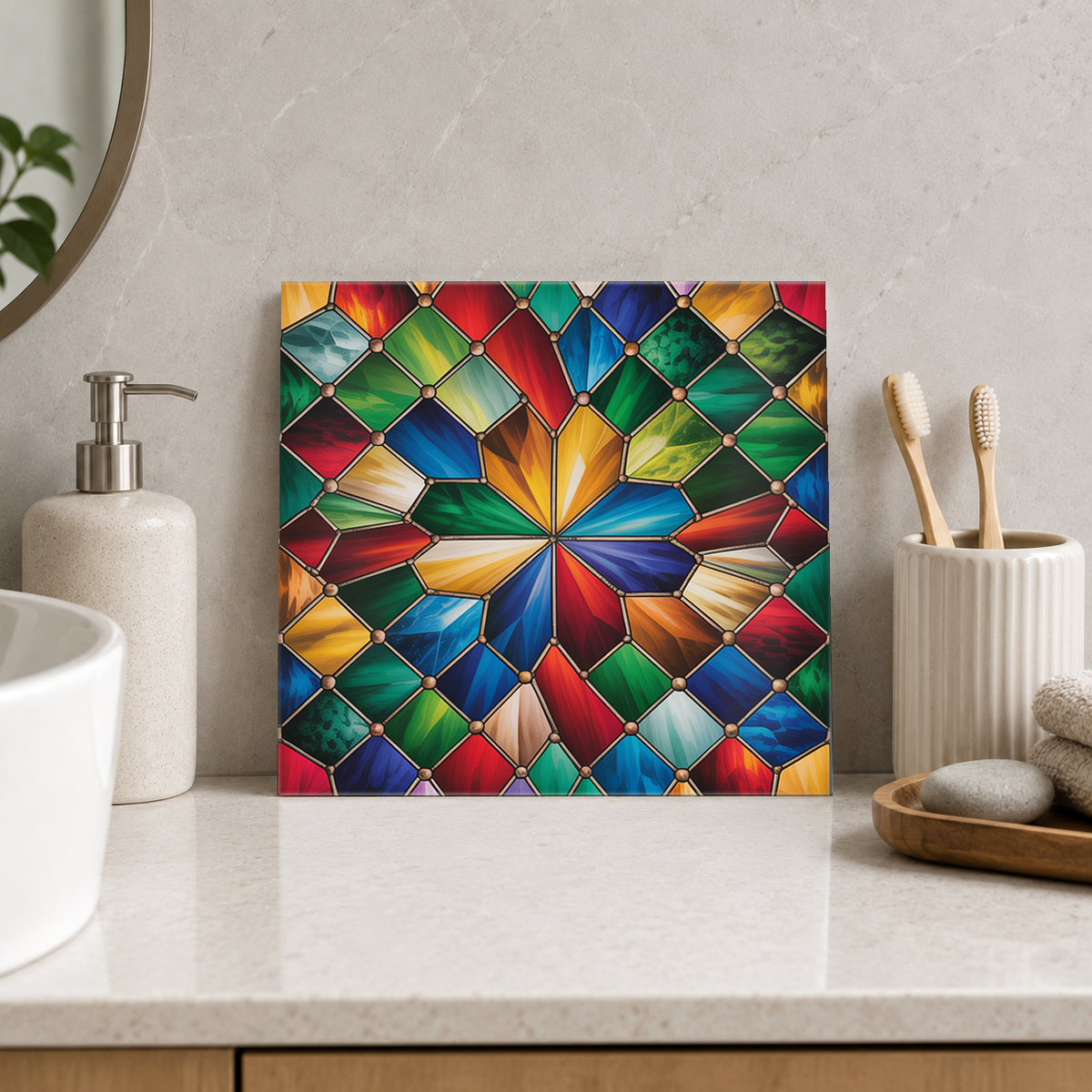 Jewel Starburst in Diamond Grid Tile displayed in the bathroom tile mock-up