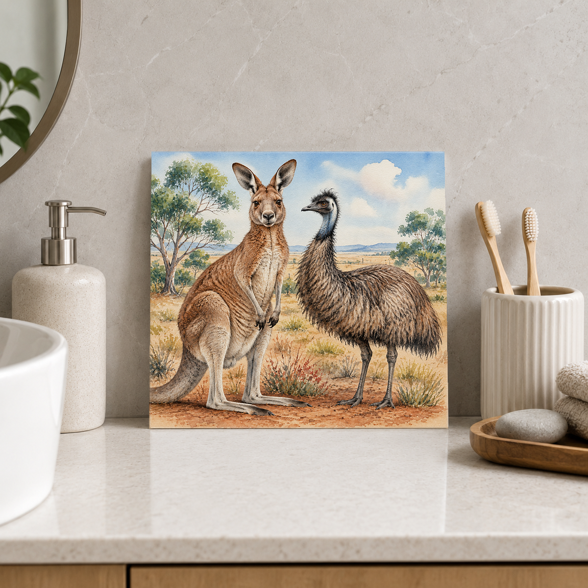Kangaroo and Emu ceramic decorative tile in Pop Color, shown in a room mockup