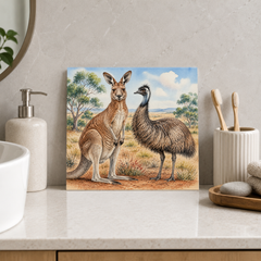 Kangaroo and Emu ceramic decorative tile in Pop Color, shown in a room mockup