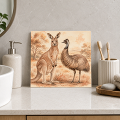 Kangaroo and Emu ceramic decorative tile in Warm Country, shown in a room mockup