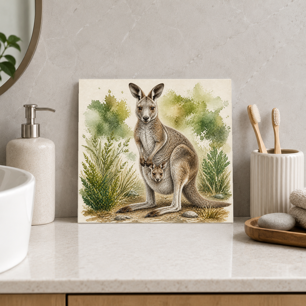 Kangaroo and Joey ceramic decorative tile in Pop Color, shown in a room mockup