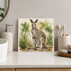 Kangaroo and Joey ceramic decorative tile in Pop Color, shown in a room mockup