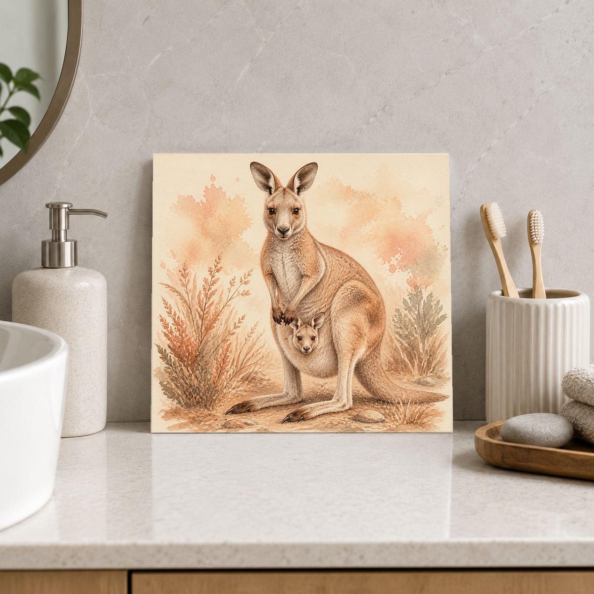 Kangaroo and Joey ceramic decorative tile in Warm Country, shown in a room mockup