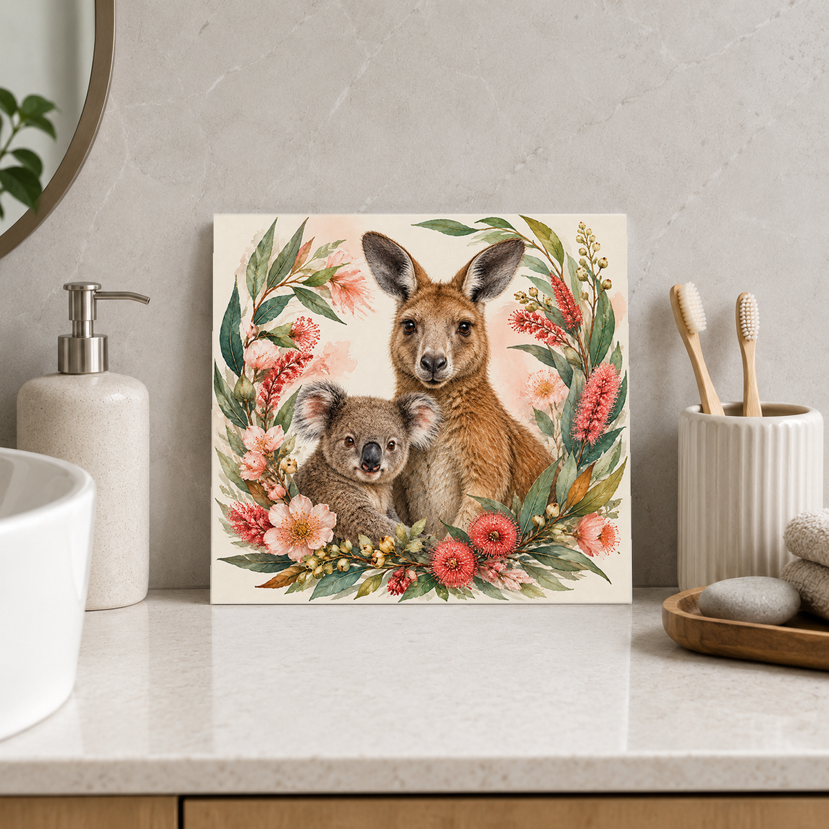 Kangaroo Koala Wreath ceramic decorative tile in Pop Color, shown in a room mockup