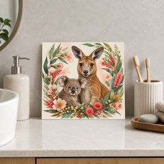 Kangaroo Koala Wreath ceramic decorative tile in Pop Color, shown in a room mockup