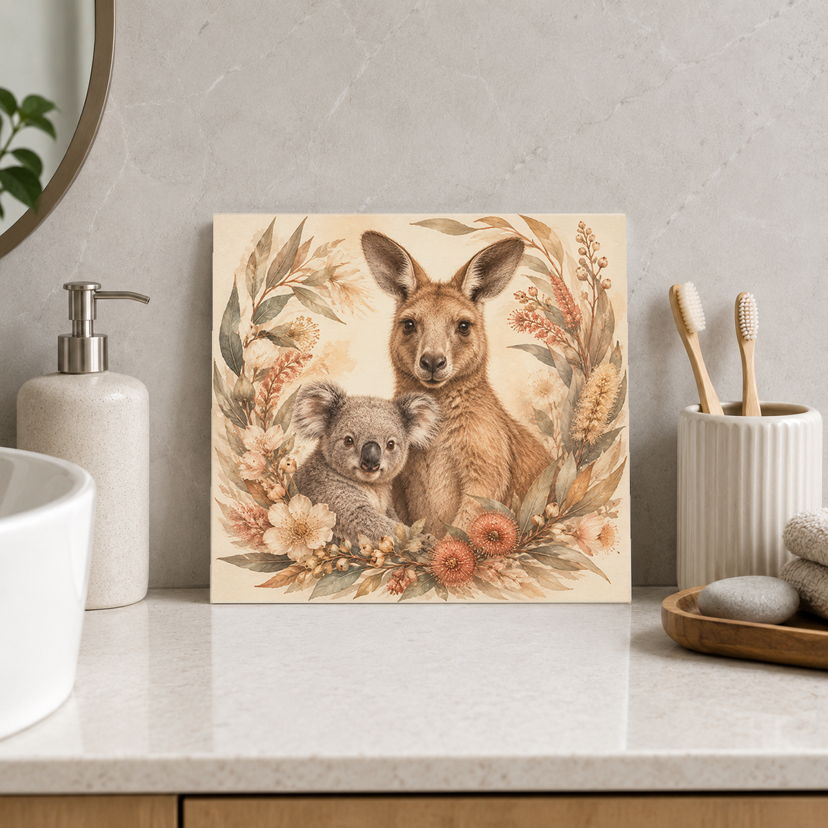 Kangaroo Koala Wreath ceramic decorative tile in Warm Country, shown in a room mockup