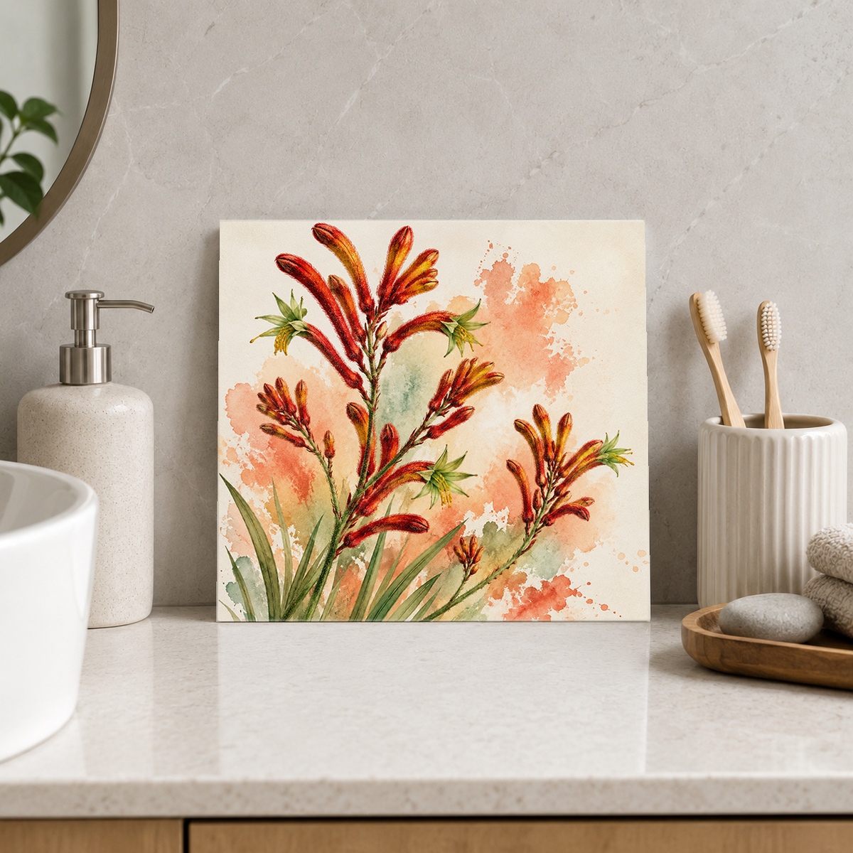 Kangaroo Paw ceramic decorative tile in Pop Color, shown in a room mockup