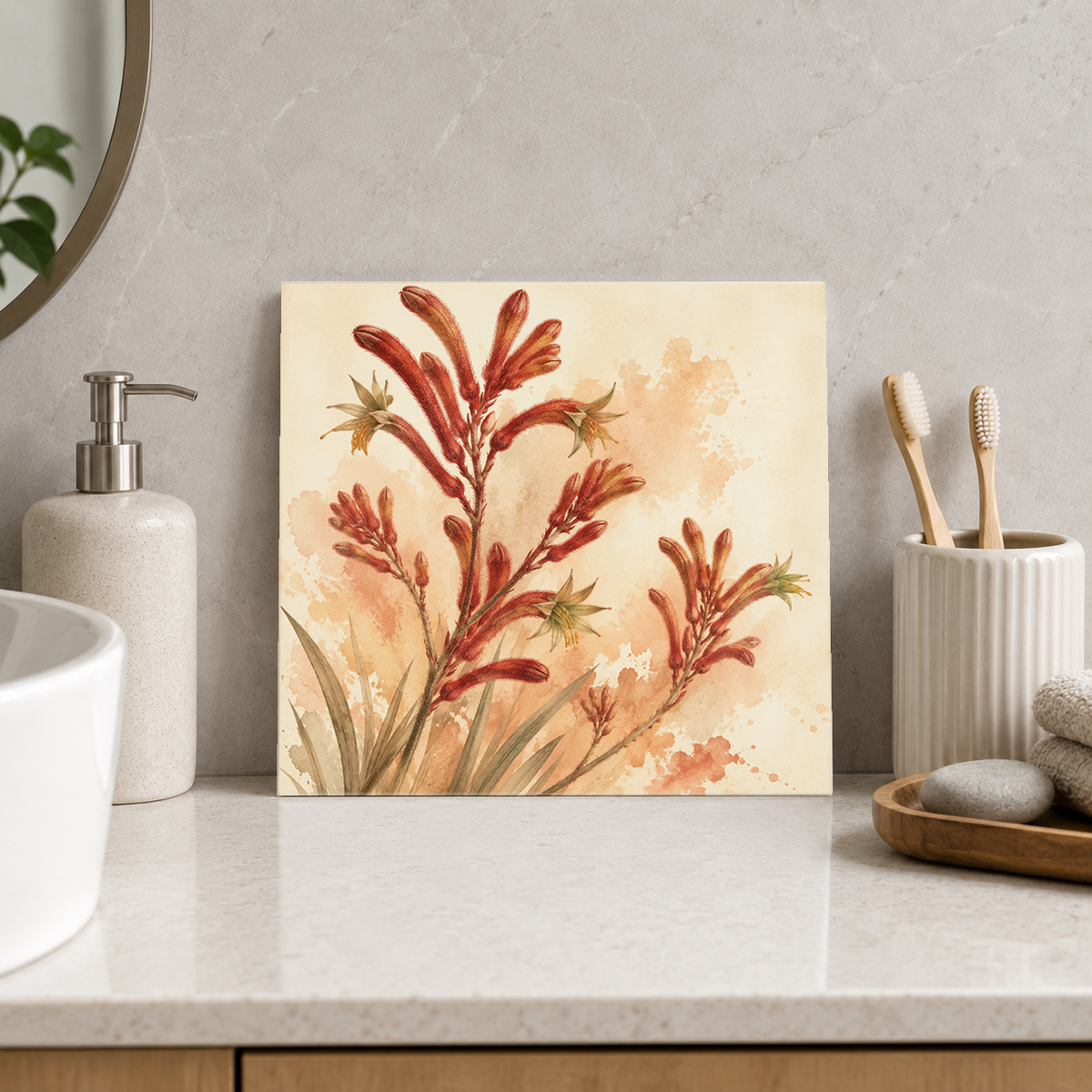 Kangaroo Paw ceramic decorative tile in Warm Country, shown in a room mockup
