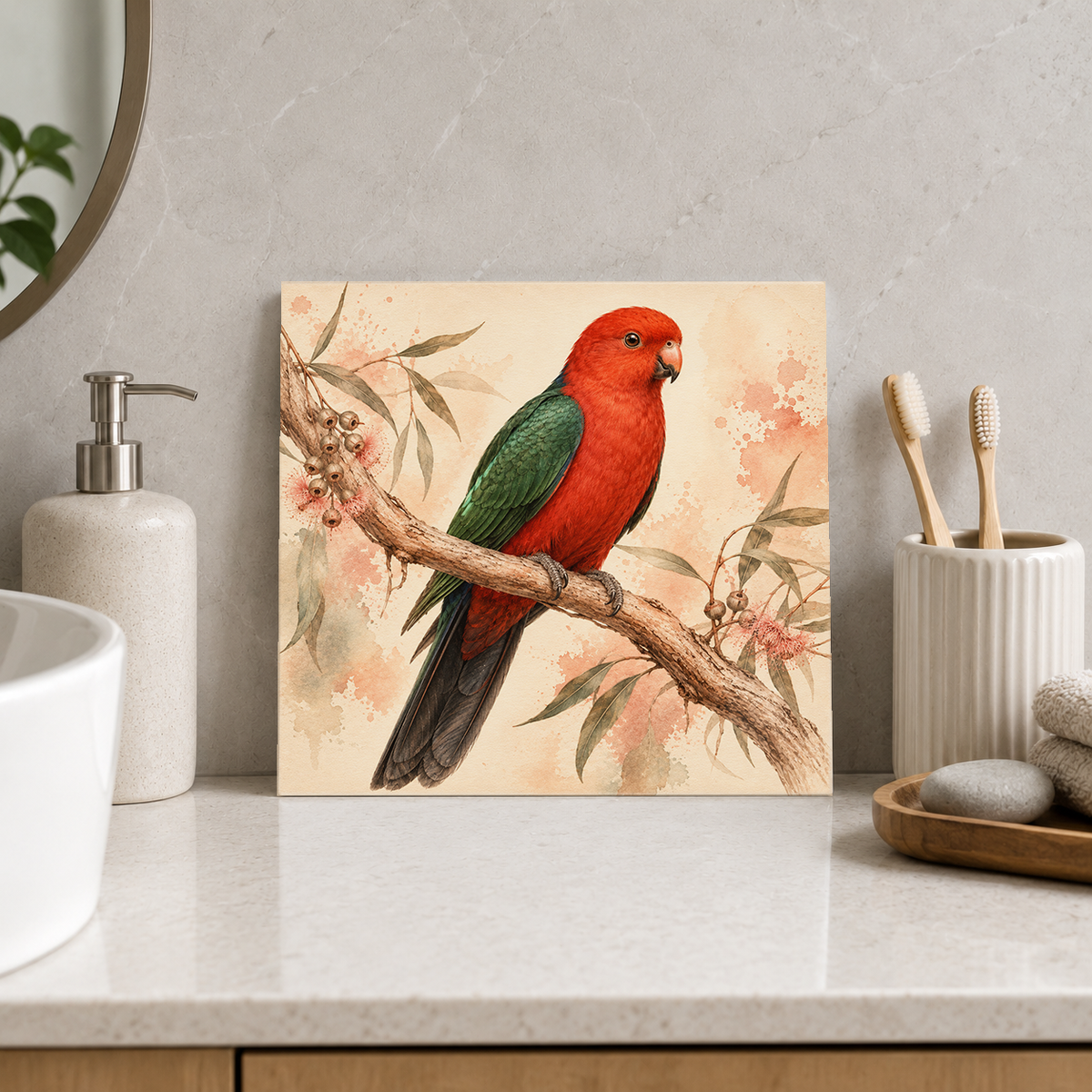 King of the Gum Branch ceramic decorative tile in Warm Country, shown in a room mockup