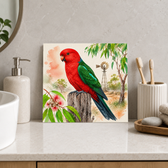 King-parrot Country Perch ceramic decorative tile in Pop Color, shown in a room mockup