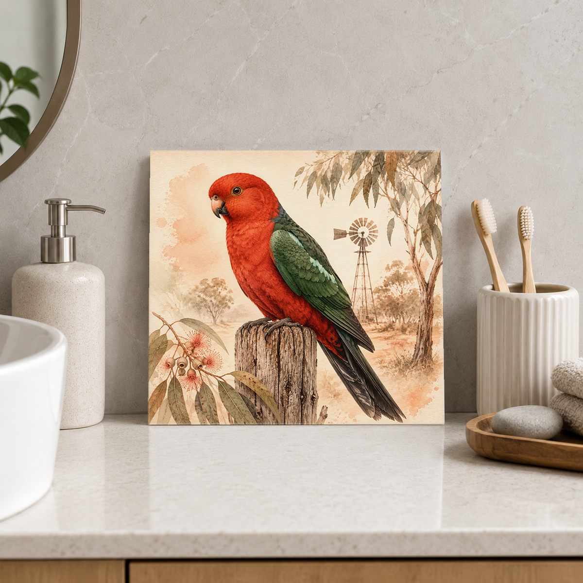 King-parrot Country Perch ceramic decorative tile in Warm Country, shown in a room mockup