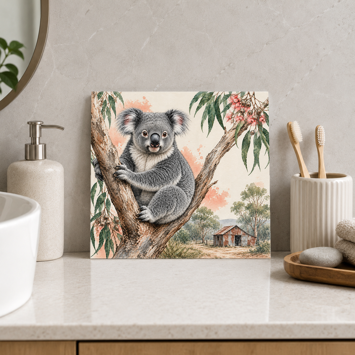 Koala by the Shed ceramic decorative tile in Pop Color, shown in a room mockup