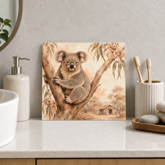 Koala by the Shed ceramic decorative tile in Warm Country, shown in a room mockup