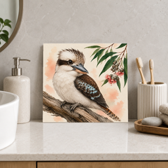 Kookaburra on Timber ceramic decorative tile in Pop Color, shown in a room mockup