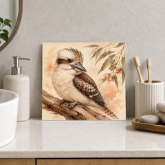Kookaburra on Timber ceramic decorative tile in Warm Country, shown in a room mockup