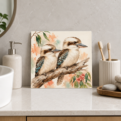 Kookaburra Pair ceramic decorative tile in Pop Color, shown in a room mockup