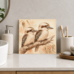 Kookaburra Pair ceramic decorative tile in Warm Country, shown in a room mockup
