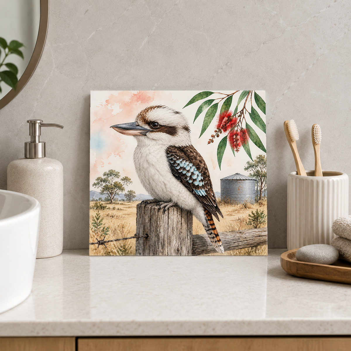 Kookaburra Tank Watch ceramic decorative tile in Pop Color, shown in a room mockup