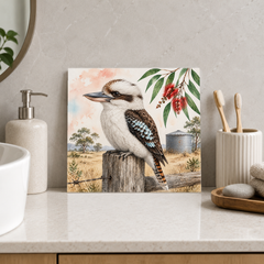 Kookaburra Tank Watch ceramic decorative tile in Pop Color, shown in a room mockup