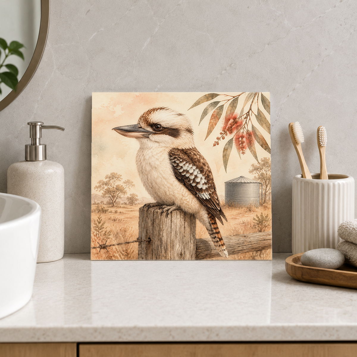 Kookaburra Tank Watch ceramic decorative tile in Warm Country, shown in a room mockup