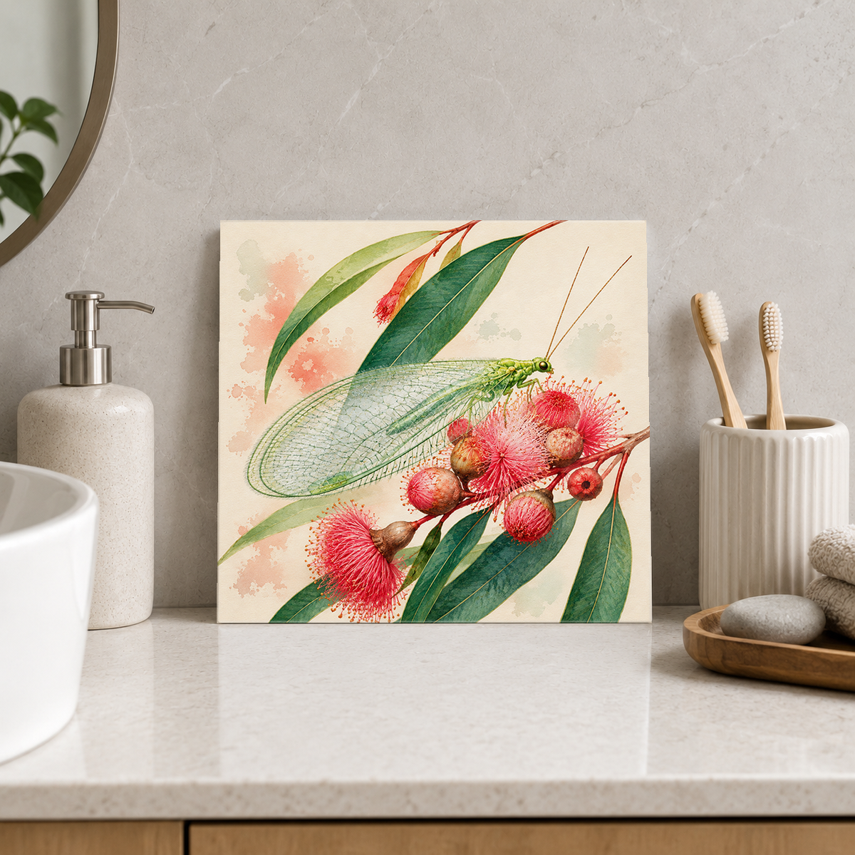 Lacewing ceramic decorative tile in Pop Color, shown in a room mockup