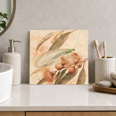 Lacewing ceramic decorative tile in Warm Country, shown in a room mockup