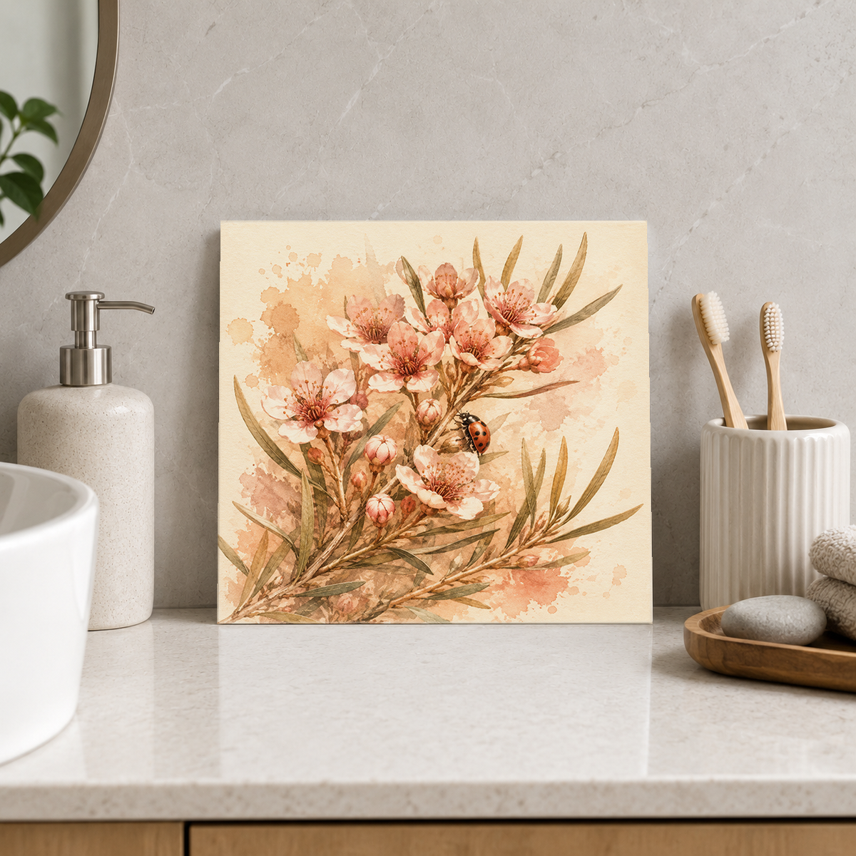 Ladybird and Waxflowers ceramic decorative tile in Warm Country, shown in a room mockup