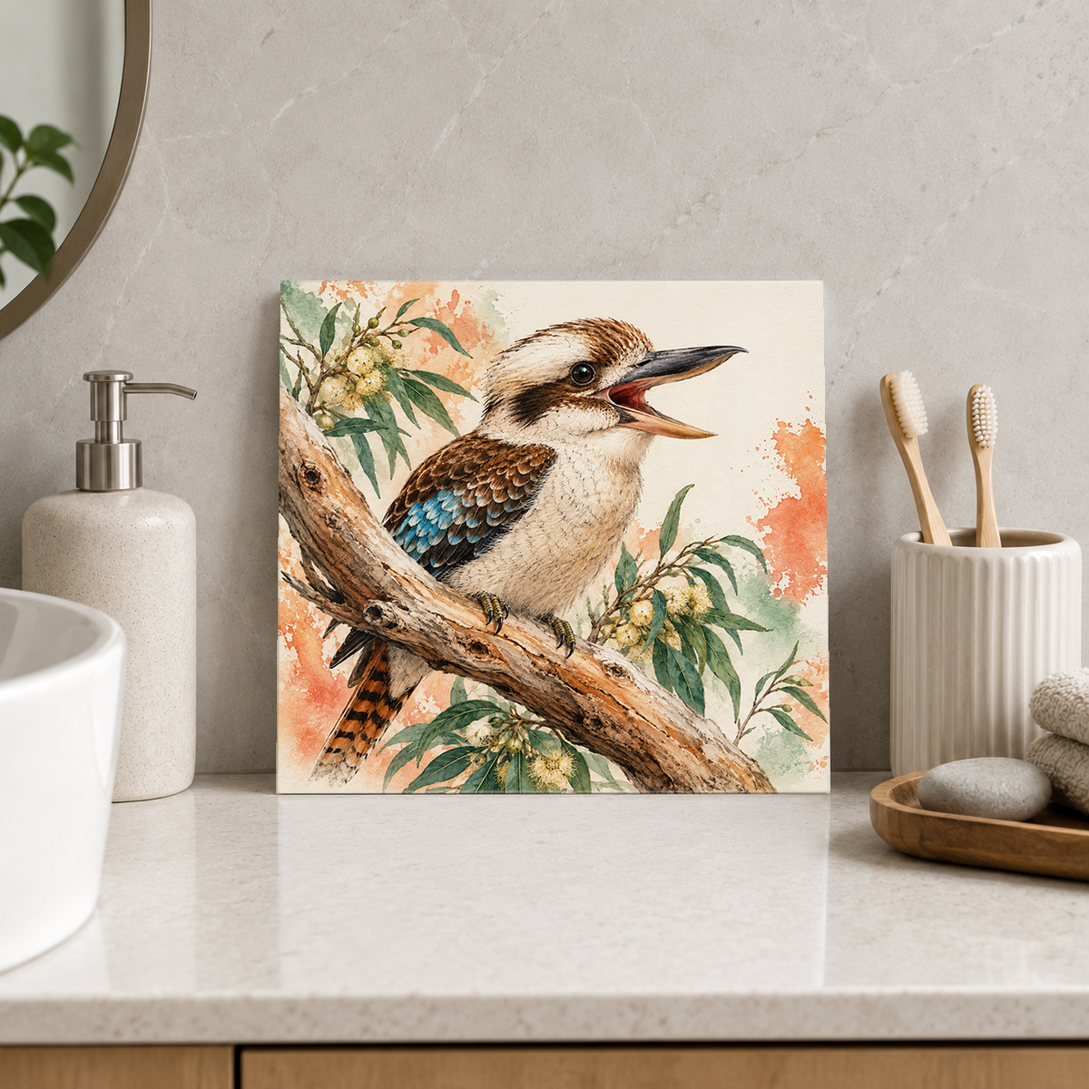 Laughing Kookaburra ceramic decorative tile in Pop Color, shown in a room mockup