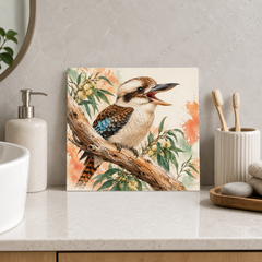 Laughing Kookaburra ceramic decorative tile in Pop Color, shown in a room mockup
