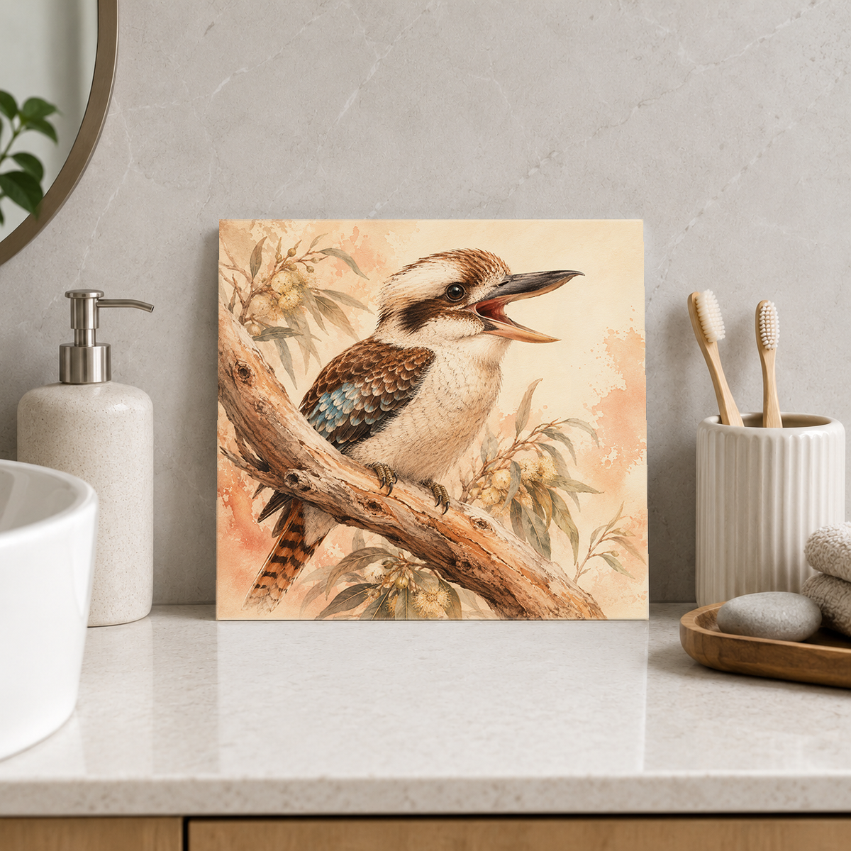 Laughing Kookaburra ceramic decorative tile in Warm Country, shown in a room mockup