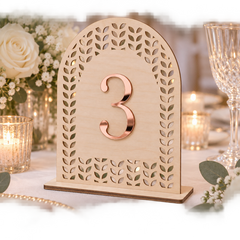 Laurel Garden Arch Table Number in natural ply with rose gold raised number and flat base