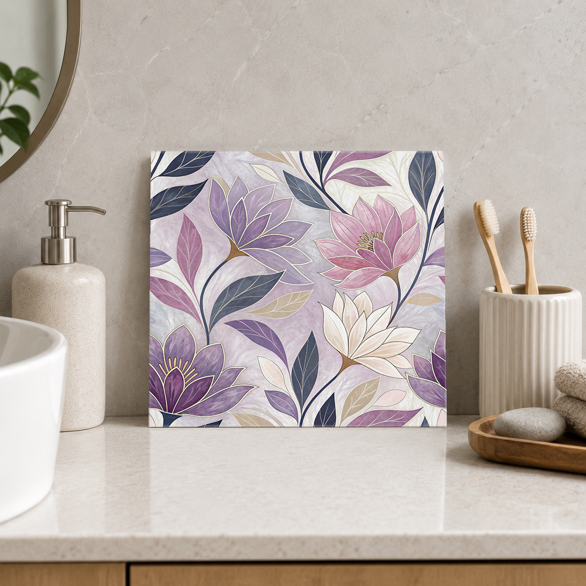 Lavender and Ivory Lotus Leaves Tile displayed in the bathroom tile mock-up