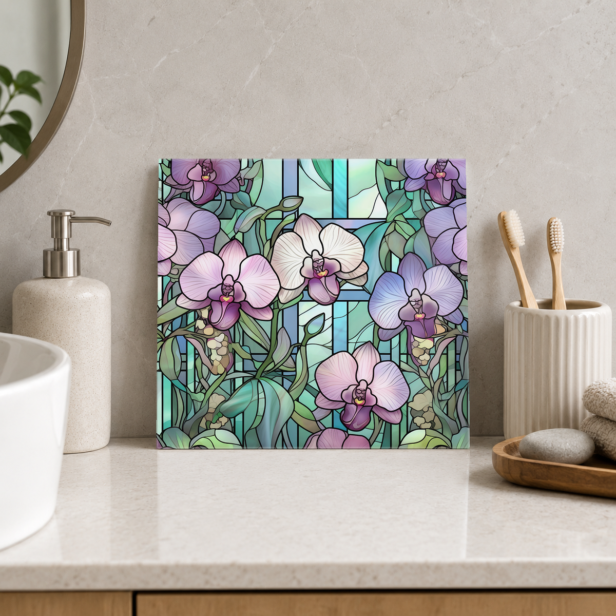 Lavender Orchids in Mint Window Tile displayed in the bathroom tile mock-up