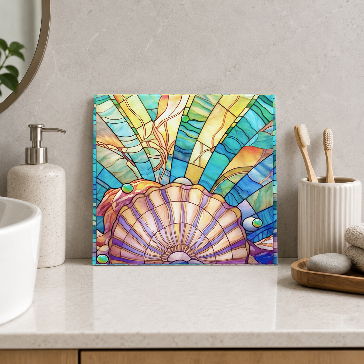 Lavender Scallop and Sunbeams Tile displayed in the bathroom tile mock-up