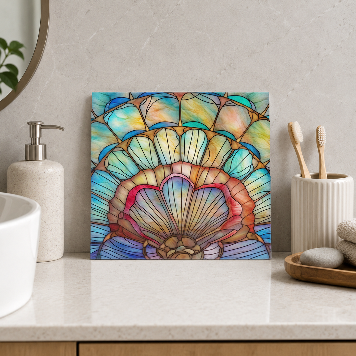 Layered Pastel Scallop Shells Tile displayed in the bathroom tile mock-up