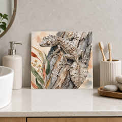 Leaf-tailed Gecko ceramic decorative tile in Pop Color, shown in a room mockup