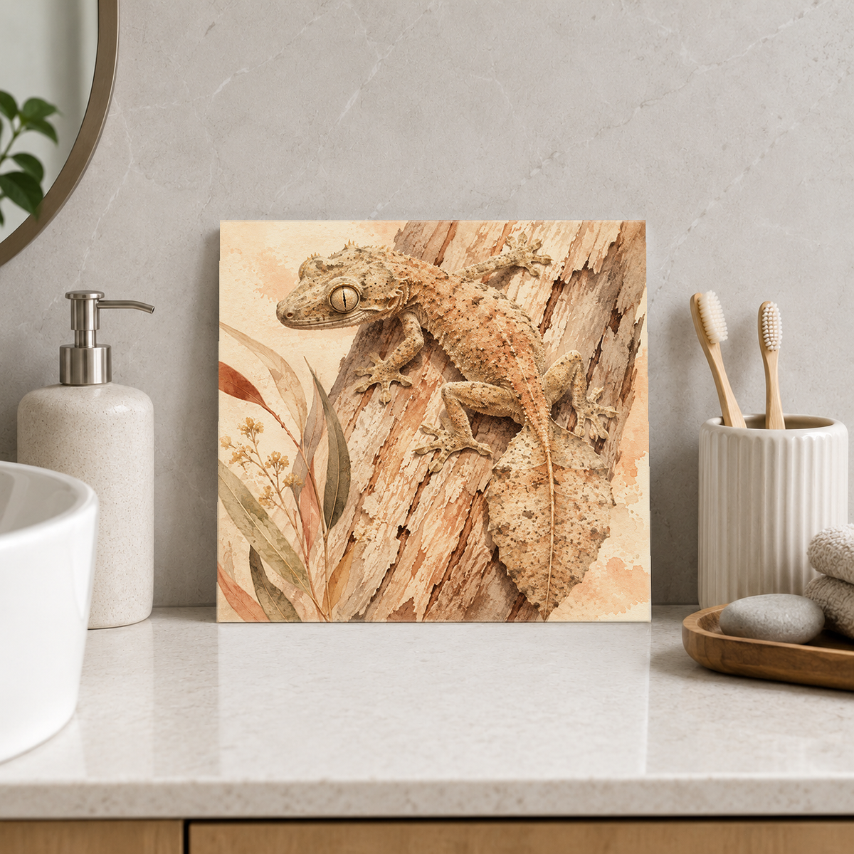 Leaf-tailed Gecko ceramic decorative tile in Warm Country, shown in a room mockup