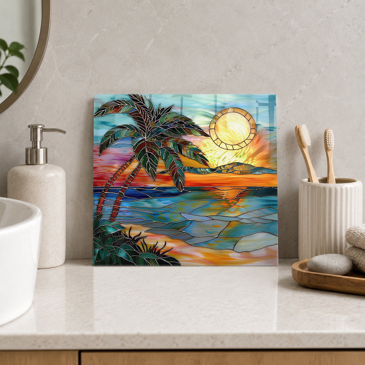 Leaning Palm beside Golden Sea Tile displayed in the bathroom tile mock-up