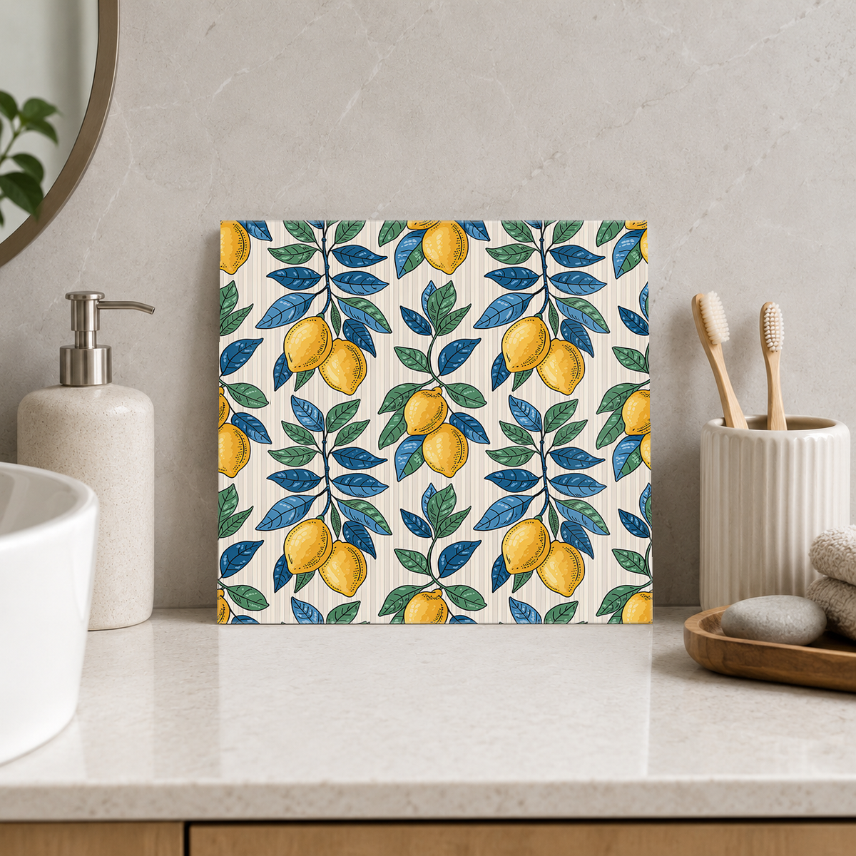 Lemon Branches on Cream Tile displayed in the bathroom tile mock-up