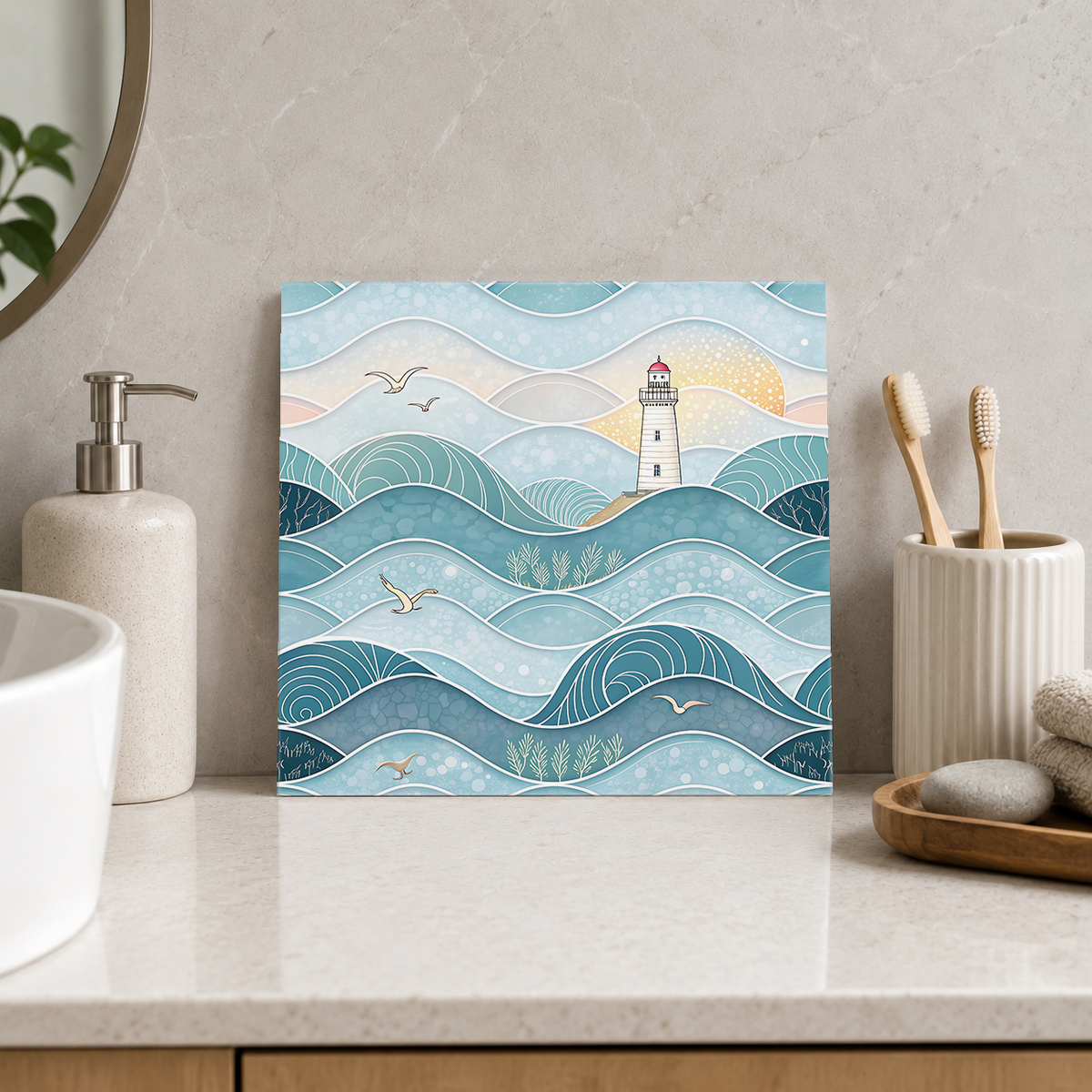 Lighthouse among Pastel Waves Tile displayed in the bathroom tile mock-up