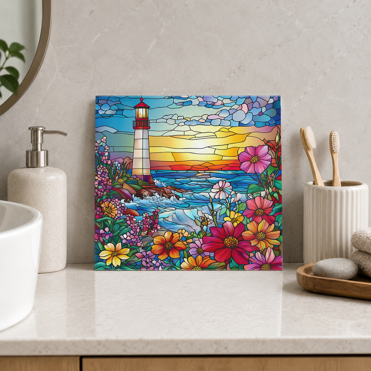 Lighthouse and Bright Flower Cove Tile displayed in the bathroom tile mock-up