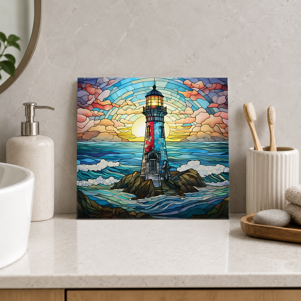 Lighthouse beneath Rainbow Sky Arch Tile displayed in the bathroom tile mock-up