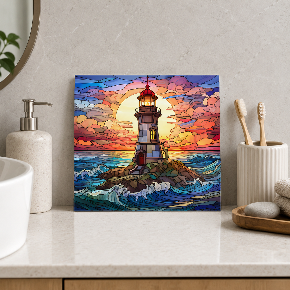 Lighthouse beneath Rose Sunset Tile displayed in the bathroom tile mock-up