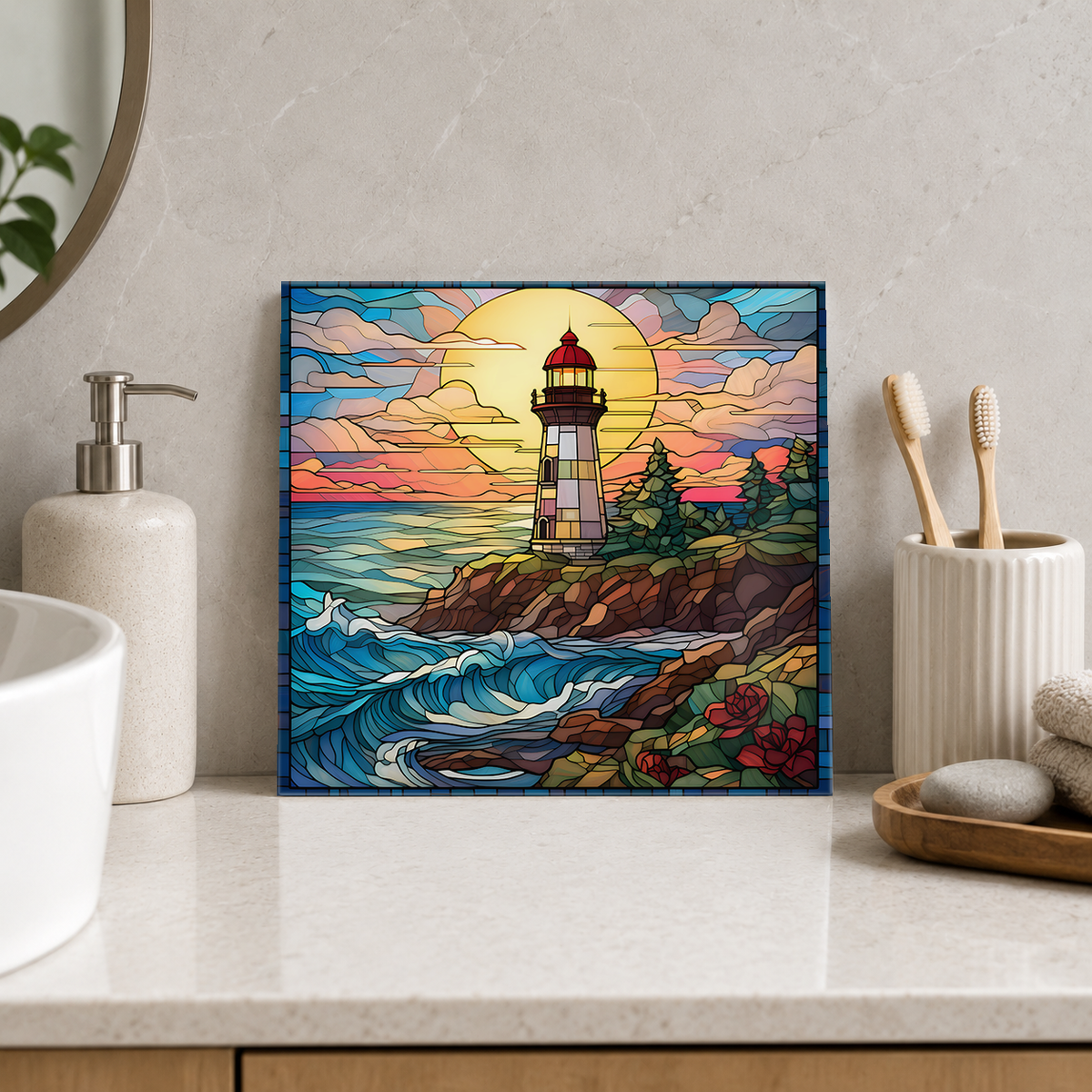 Lighthouse on Pine Covered Headland Tile displayed in the bathroom tile mock-up