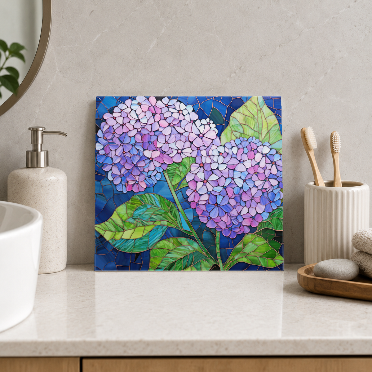 Lilac Hydrangea Pair Tile displayed in the bathroom tile mock-up