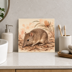 Little Bush Bandicoot ceramic decorative tile in Warm Country, shown in a room mockup