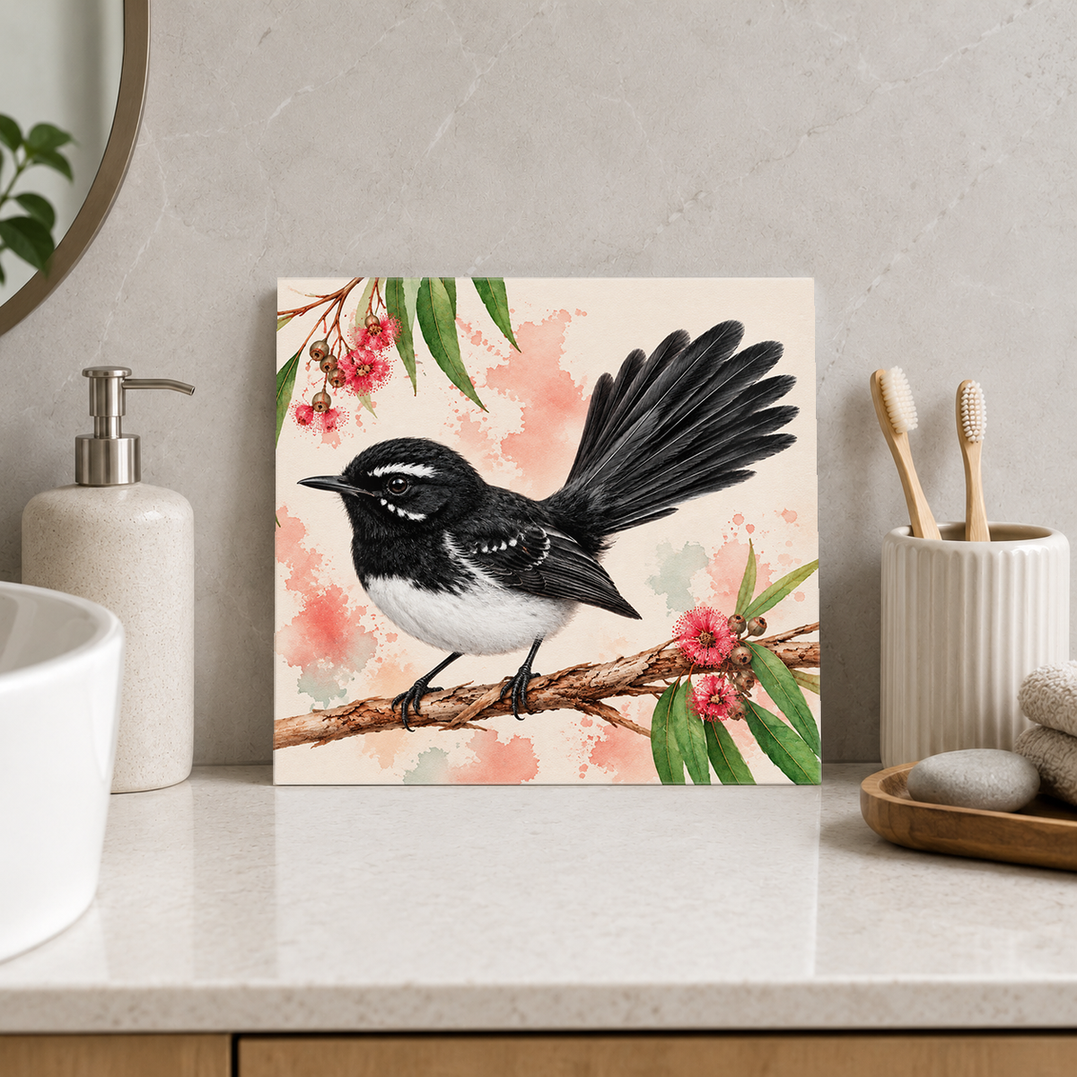 Little Fanned Tail ceramic decorative tile in Pop Color, shown in a room mockup