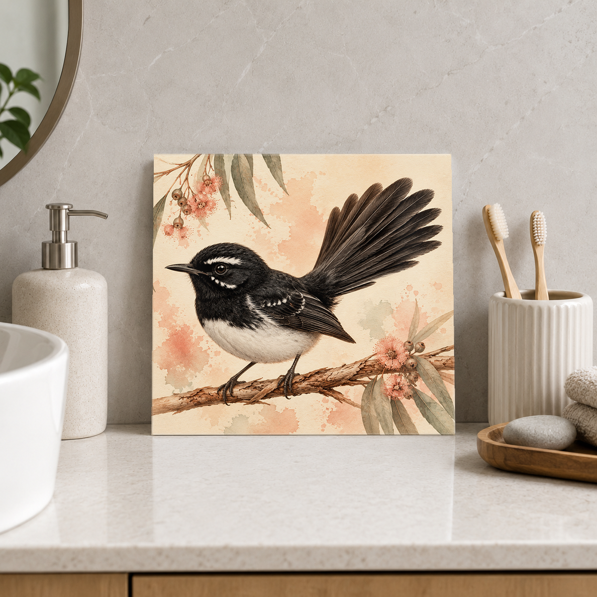 Little Fanned Tail ceramic decorative tile in Warm Country, shown in a room mockup
