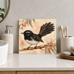 Little Fanned Tail ceramic decorative tile in Warm Country, shown in a room mockup